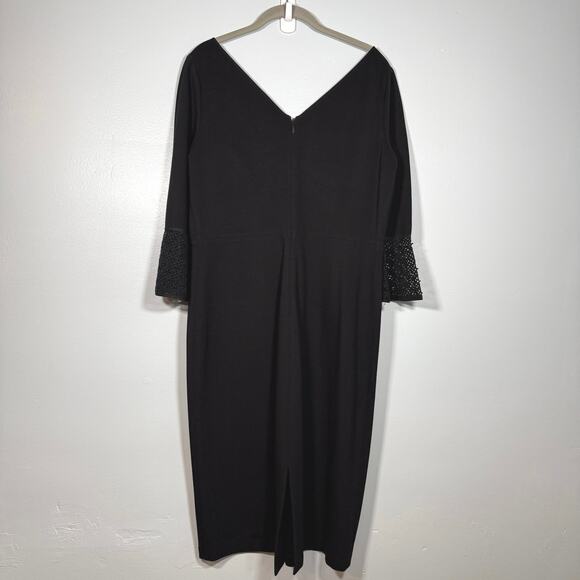 Lafayette 148 Black Midi Dress 10 Lace Bell Sleeves Cocktail Sheath Elegant - Picture 7 of 10